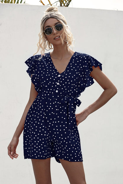 Polka Dot Lace-up Jumpsuit Lotus Sleeve Single-breasted Drawstring Rompers