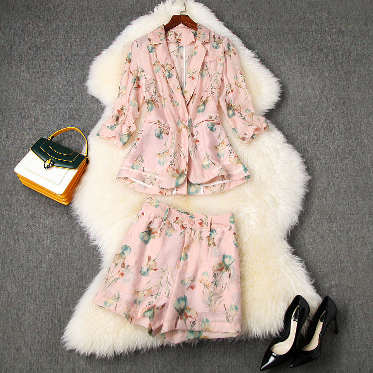 Elegant Office Style Floral Printing Suit Shorts Blazers Two-piece Set