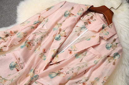 Elegant Office Style Floral Printing Suit Shorts Blazers Two-piece Set