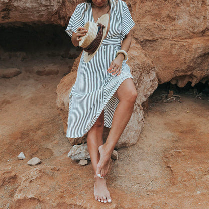Deep V Striped Backless Seaside Vacation Maxi Dresses