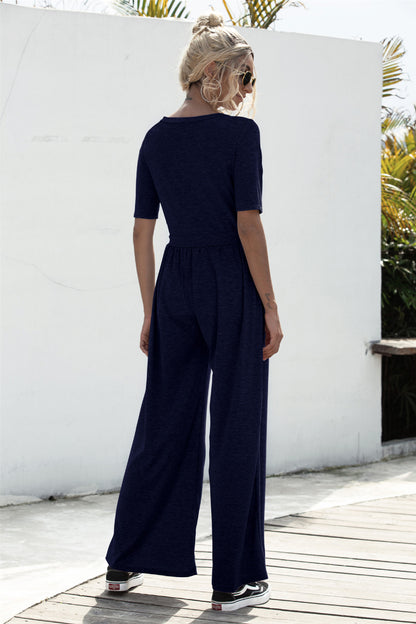 U-neck Short-sleeved Loungewear Wide-legged Jumpsuits