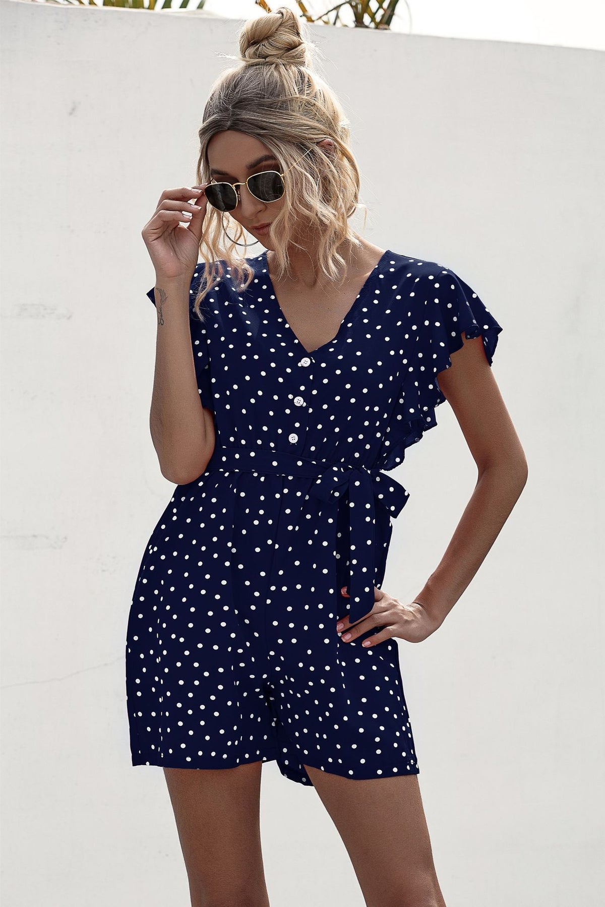 Polka Dot Lace-up Jumpsuit Lotus Sleeve Single-breasted Drawstring Rompers