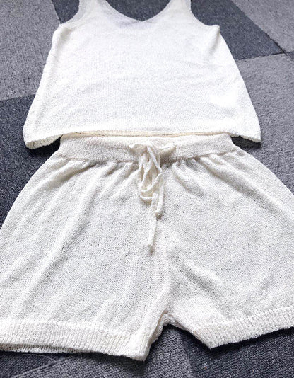 Knitting Hollowed-out Lace-up Shorts Backless Vest Two-piece Set