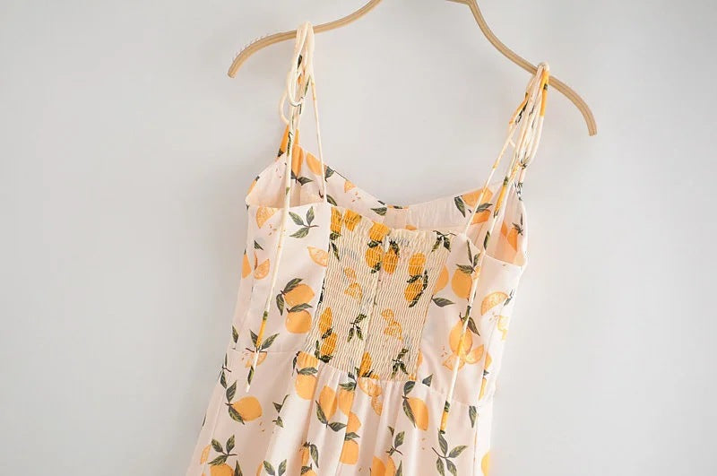 Tube Top Lace-up Lemon Floral Split Midi Dresses