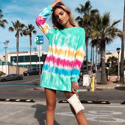 Multicolor Tie-dye Rainbow Stripe Blouse Mini Dress