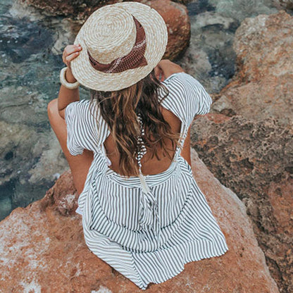 Deep V Striped Backless Seaside Vacation Maxi Dresses