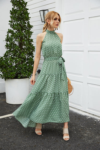 Backless Vintage Halter Polka Dot Lotus Leaf Hem Lace-Up Maxi Dress
