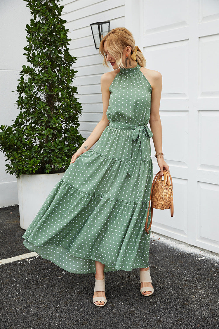 Backless Vintage Halter Polka Dot Lotus Leaf Hem Lace-Up Maxi Dress