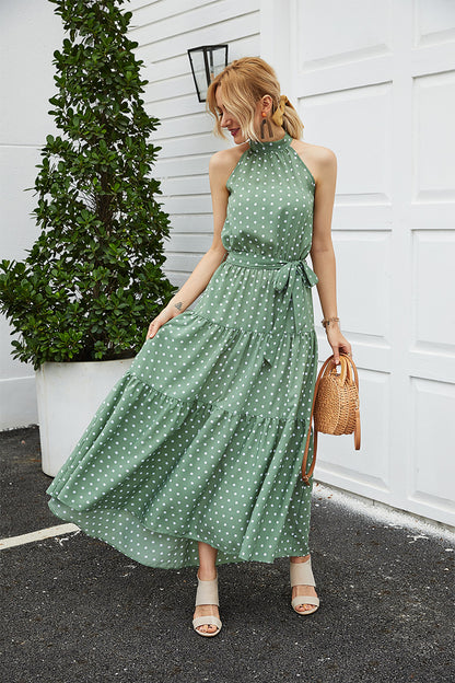 Backless Vintage Halter Polka Dot Lotus Leaf Hem Lace-Up Maxi Dress