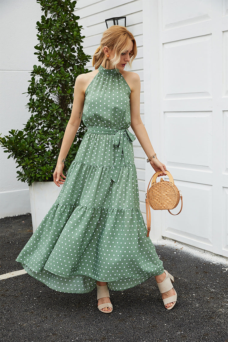 Backless Vintage Halter Polka Dot Lotus Leaf Hem Lace-Up Maxi Dress