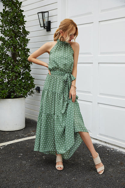 Backless Vintage Halter Polka Dot Lotus Leaf Hem Lace-Up Maxi Dress