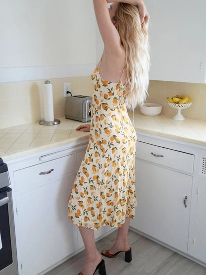 Tube Top Lace-up Lemon Floral Split Midi Dresses