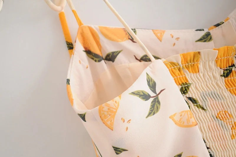 Tube Top Lace-up Lemon Floral Split Midi Dresses