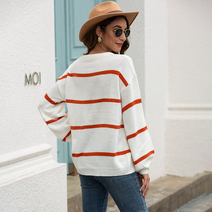 Lantern Sleeve Striped Knit Sweater