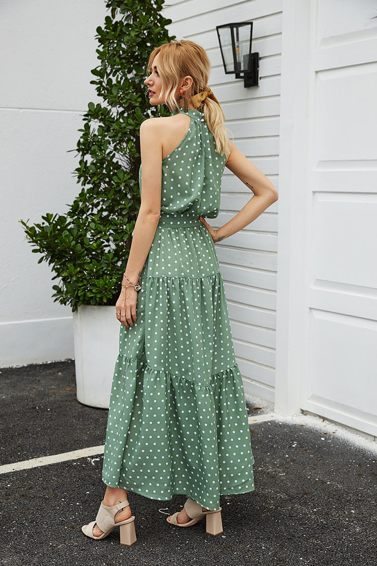 Backless Vintage Halter Polka Dot Lotus Leaf Hem Lace-Up Maxi Dress
