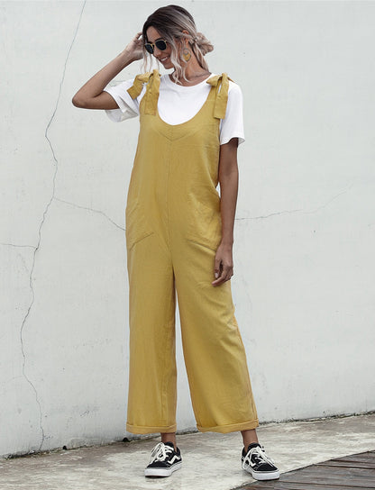 Deep U-Neck Lace-up Bow Backless Jumpsuit