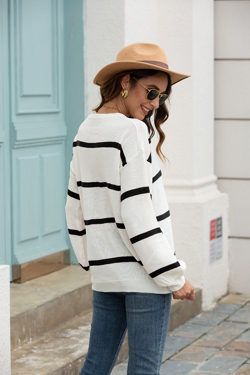 Lantern Sleeve Striped Knit Sweater