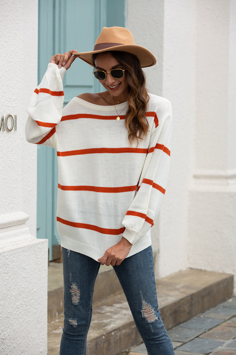 Lantern Sleeve Striped Knit Sweater