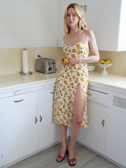 Tube Top Lace-up Lemon Floral Split Midi Dresses