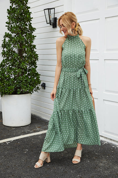 Backless Vintage Halter Polka Dot Lotus Leaf Hem Lace-Up Maxi Dress