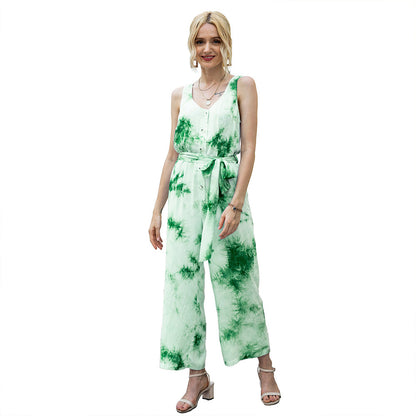 Tie Dye Single-breasted Drawstring Jumpsuit V-neck Printed Rompers