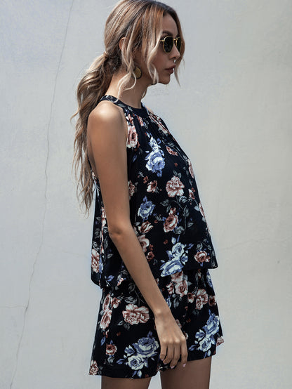 Printed Lace-up Fake Two-piece Jumpsuit Floral Rompers