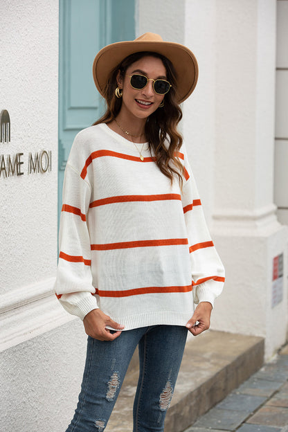 Lantern Sleeve Striped Knit Sweater