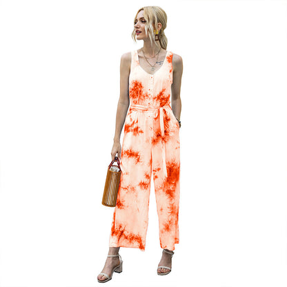 Tie Dye Single-breasted Drawstring Jumpsuit V-neck Printed Rompers