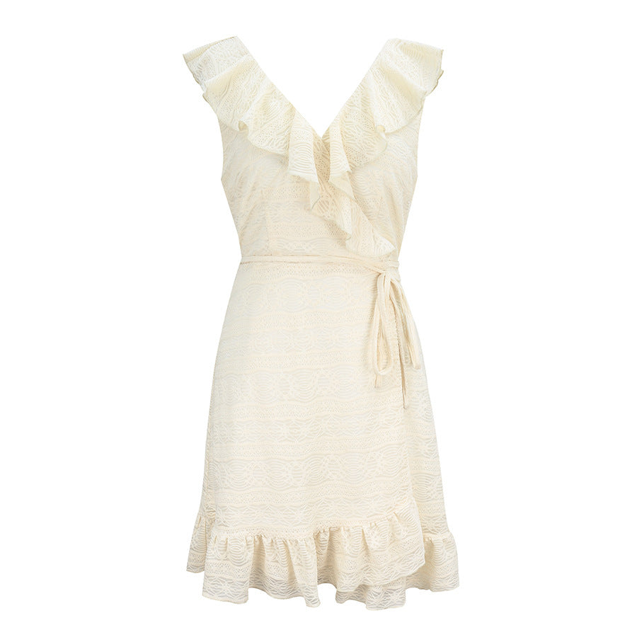 Apricot Flounces Hollow-out Backless Lace-up Mini Dress