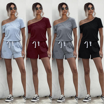 Diagonal Shoulder Short Sleeve Jumpsuit Rompers With Pocket