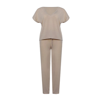 Lace-up Short Sleeve Two-piece One Shoulder Loungewear With Pocket
