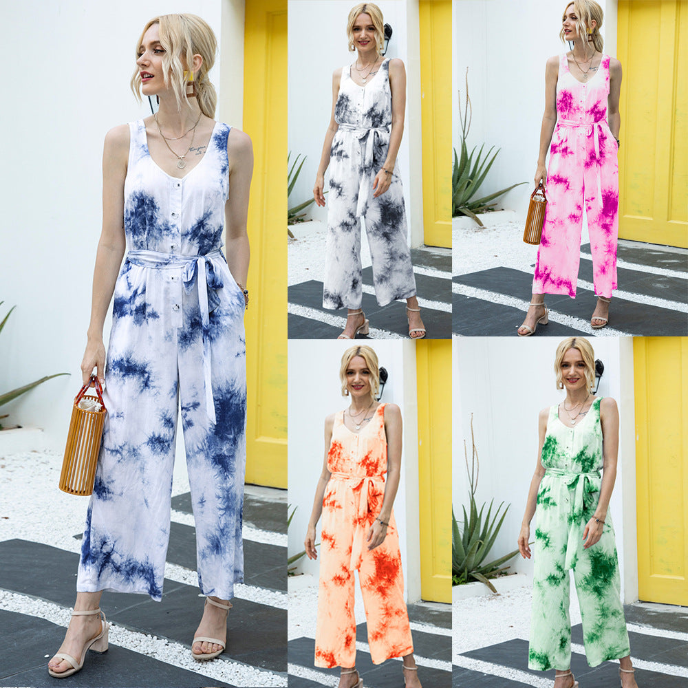 Tie Dye Single-breasted Drawstring Jumpsuit V-neck Printed Rompers