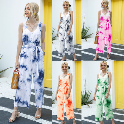 Tie Dye Single-breasted Drawstring Jumpsuit V-neck Printed Rompers