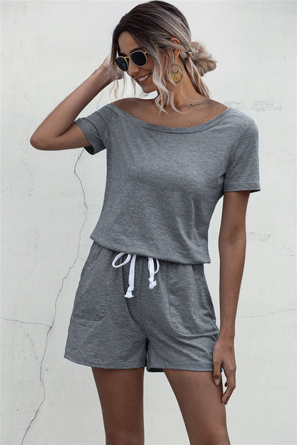 Diagonal Shoulder Short Sleeve Jumpsuit Rompers With Pocket