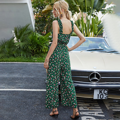 Suspenders Floral Lace-up Jumpsuit Wide Leg Pants Elastic Waist