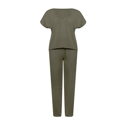 Lace-up Short Sleeve Two-piece One Shoulder Loungewear With Pocket