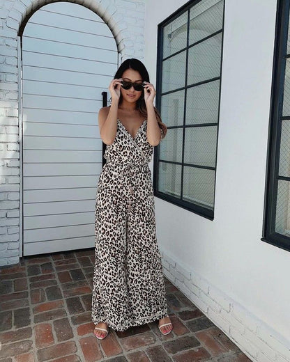 Leopard Print Suspenders Jumpsuit Lace-up Rompers Wide Leg Pants