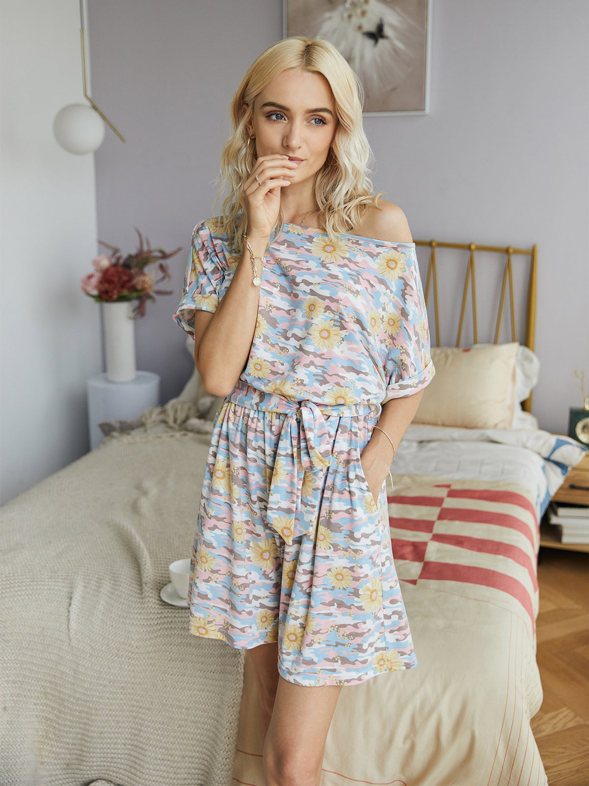 Tie Dye Elastic Waist Lace-up Jumpsuit Daisy Floral Print Loungewear Rompers