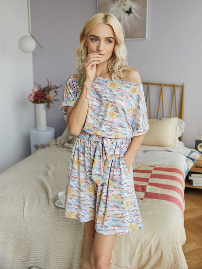 Tie Dye Elastic Waist Lace-up Jumpsuit Daisy Floral Print Loungewear Rompers