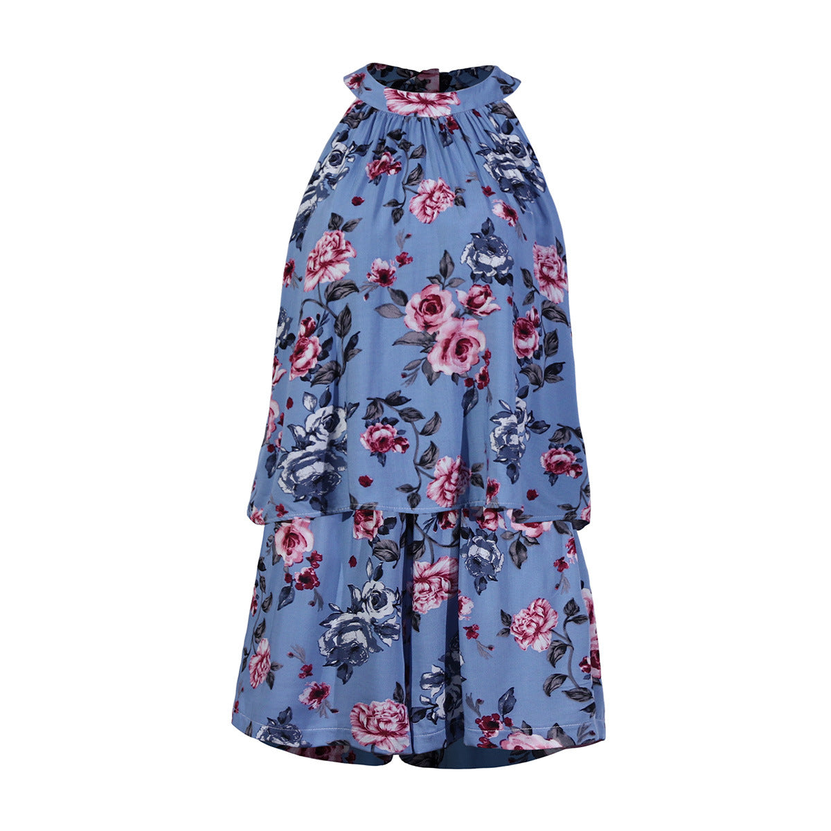 Printed Lace-up Fake Two-piece Jumpsuit Floral Rompers