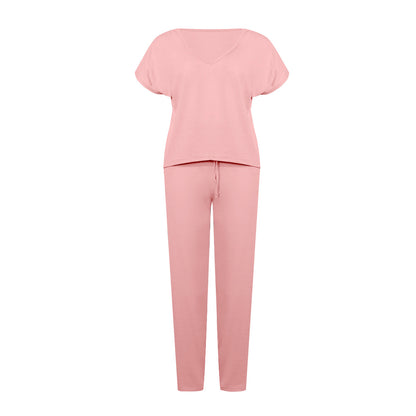 Lace-up Short Sleeve Two-piece One Shoulder Loungewear With Pocket