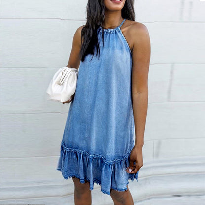 Halter Backless Tassel Denim Mini Dresses