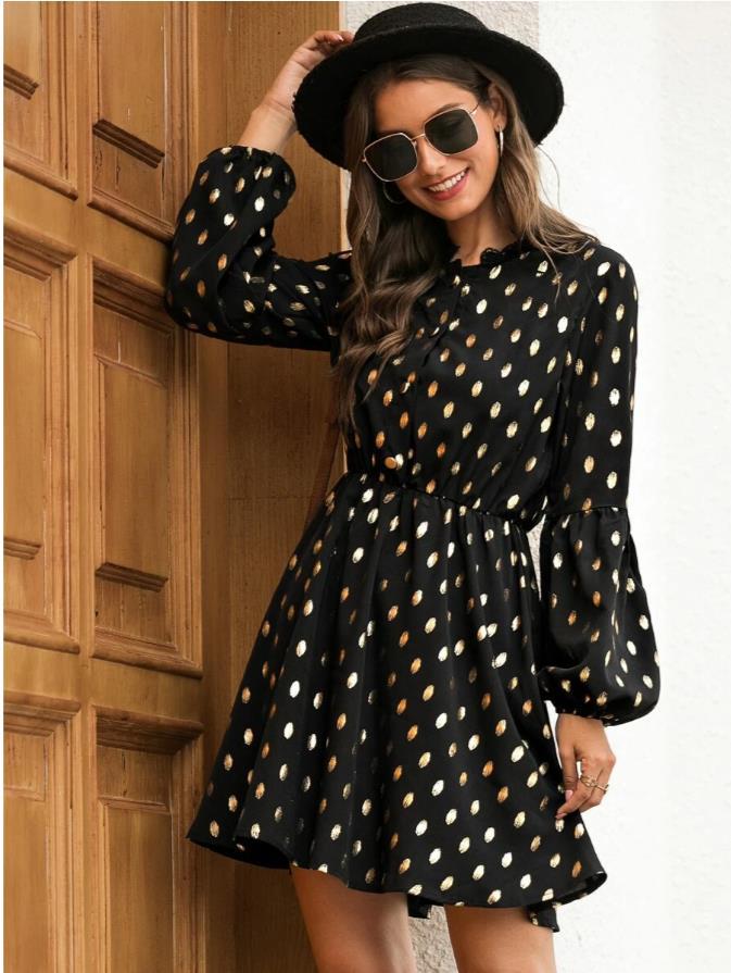 Polka Dot Lace Collar Bubble Sleeves Mini Dresses