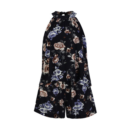 Printed Lace-up Fake Two-piece Jumpsuit Floral Rompers