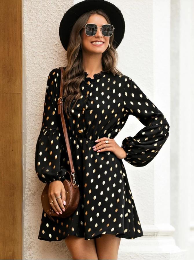 Polka Dot Lace Collar Bubble Sleeves Mini Dresses