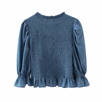Blue Bubbles Sleeves Ruffles Blouse Irregular Hem Skirt Mini Dress Two-piece Set