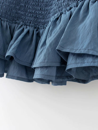 Blue Bubbles Sleeves Ruffles Blouse Irregular Hem Skirt Mini Dress Two-piece Set