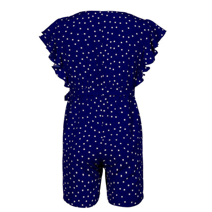 Polka Dot Lace-up Jumpsuit Lotus Sleeve Single-breasted Drawstring Rompers