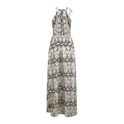 Snakeskin Grain Printed Halter Elastic Waist Split Maxi Dresses