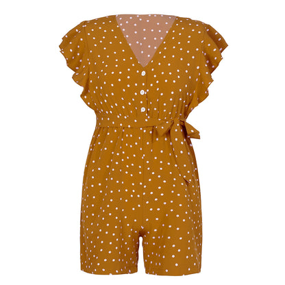 Polka Dot Lace-up Jumpsuit Lotus Sleeve Single-breasted Drawstring Rompers